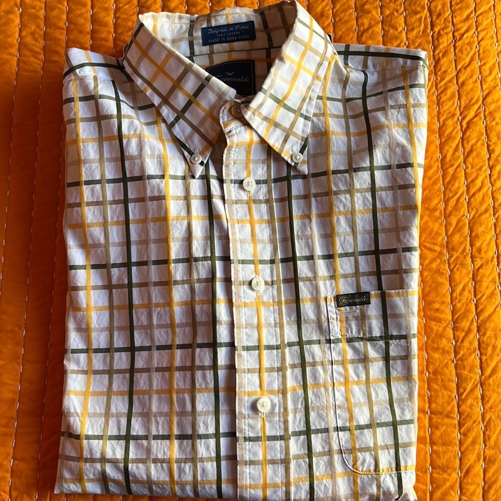 COPY - Faconnable men’s long sleeved cotton yellow/gold green khaki plaid dress…